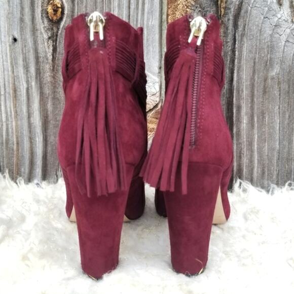 Red Boots WHBM Blayde Size 7 Strappy Ankle Bootie Heel Tassel Zip Suede Leather - Picture 6 of 13